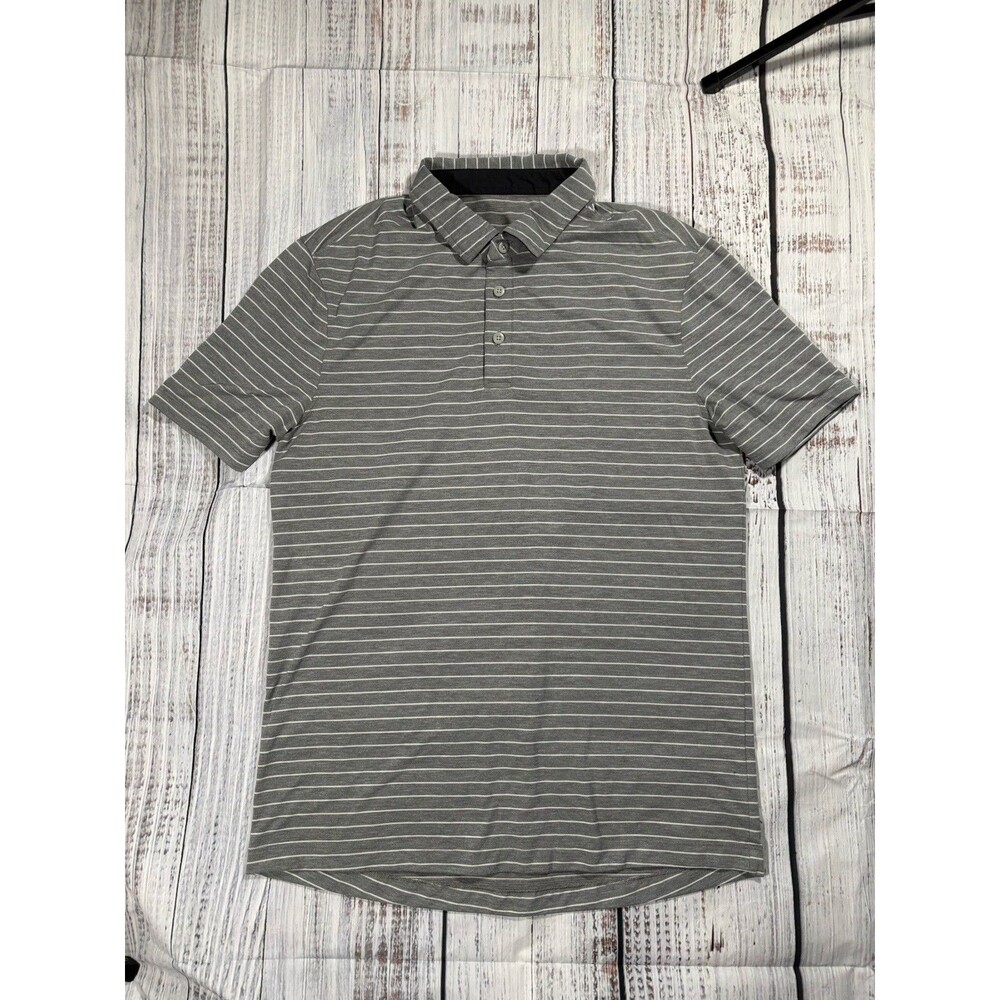 Lululemon Mens Evolution Shirt Polo Small Gray Striped Short Sleeve Active Golf